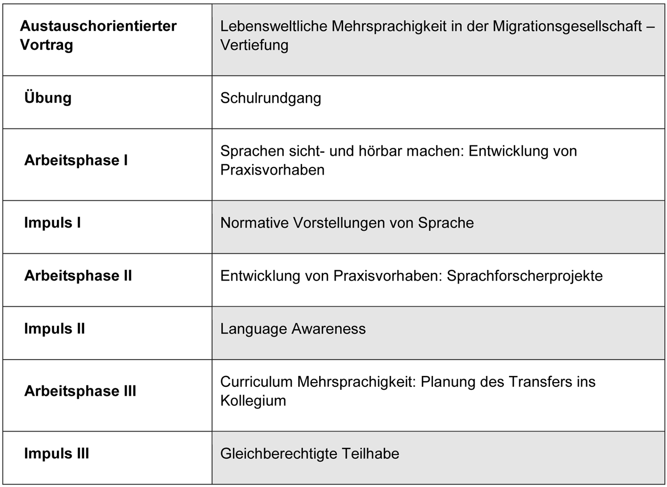 
		  Der Qualifizierungstag beginnt mit einem austauschorientierten Vortrag, der das Thema „Lebensweltliche Mehrsprachigkeit in der Migrationsgesellschaft“ vertieft. Es folgt die ge-meinsame Übung „Schulrundgang“. Im weiteren Verlauf wechseln sich Arbeitsphasen und Impulse zu folgenden Inhalten und Themen ab: Sprachen sicht- und hörbar machen (Ent-wicklung von Praxisvorhaben); Normative Vorstellungen von Sprache; Entwicklung von Praxisvorhaben (Sprachforscherprojekte); Language Awareness; Curriculum Mehrsprachig-keit: Planung des Transfers ins Kollegium; Gleichberechtigte Teilhabe.
		  