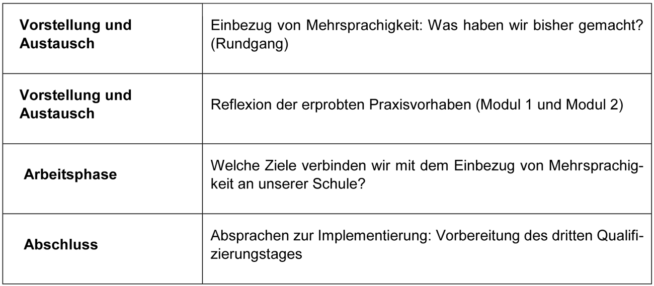 
		  In einem Rundgang werden die erprobten Praxisvorhaben vorgestellt und im Anschluss reflektiert. In einer Arbeitsphase werden Ziele der Einbindung von Mehrsprachigkeit in der Schule konkretisiert. Zum Abschluss werden Absprachen zur Implementierung der Praxisvorhaben getroffen und der dritte Qualifizierungstag wird gemeinsam vorbereitet.
		  