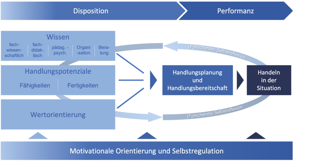 Das Modell der Professionalisierung inklusionsbezogenen Handelns von Lehrpersonen gibt einen Überblick über den Zusammenhang zwischen den (in Teilen unbewussten) Dispositionen, der Handlungsbereitschaft, der Handlungsplanung sowie dem konkreten professionellen Handeln von Lehrpersonen auf der Performanzebene und der Reflektion darüber. Dabei werden 
1.	unterschiedliche Formen des Wissens unterschieden: fachwissenschaftliches, fachdidaktisches und pädagogisch-psychologisches Wissen sowie Organisationswissen und Beratungswissen. Diese Wissensformen gilt es im professionellen Handeln möglichst zu verknüpfen.
2.	Neben den Wissensformen ist eine weitere wichtige Grundlage das Handlungspotenzial (bestehend aus Fähigkeiten und Fertigkeiten) sowie
3.	die Wertorientierung (auf der Basis der motivationalen Orientierung und Selbstregulation). 
Diese Aspekte werden in einem Prozess der (forschenden) Selbstreflexion zusammengeführt, was die Handlungsplanung und Handlungsbereitschaft formt und so mit dem Handeln in der Situation verbunden ist. Der forschende Blick auf das (eigene) Handeln ermöglicht Lehrpersonen weiterführend, über die impliziten Prozesse und Wissensformen zu reflektieren und sich dieser in Teilen bewusst zu werden.