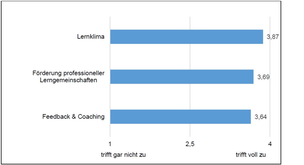 Es werden die Mittelwerte der Skalen Lernklima, Förderung professioneller Lerngemeinschaften und Feedback & Coaching als Balkendiagramm dargestellt.